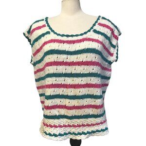 Vintage Woven Cap Sleeve Oversized Striped Sweater Sz XL Womens Eighties Pink an